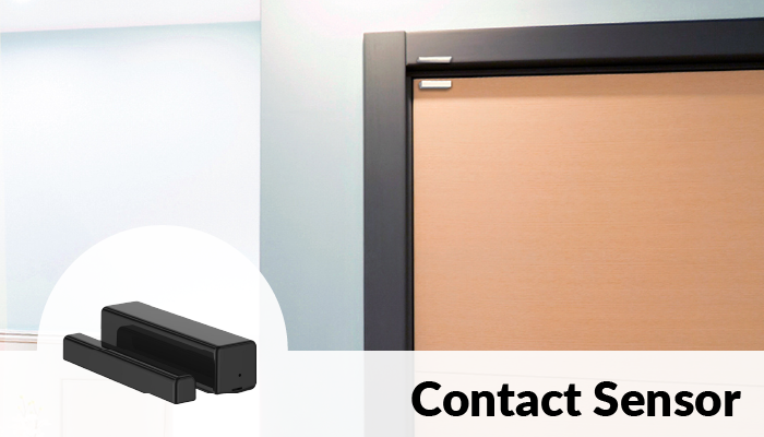 An image of the top half of a wooden door with a white contact sensor installed on the door frame. Plus, a close up of a black contact sensor.