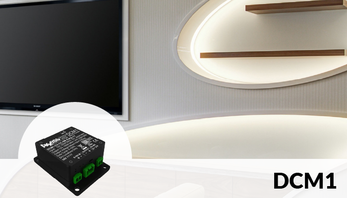 An image of a home office or living room with cool toned linear lights. Plus, a close up of the DCM1 device.