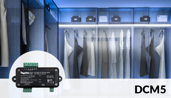 A walk-in closet with a variety of clothing and shoes, illuminated by soft blue light. Plus, a close up of the DCM5 device.