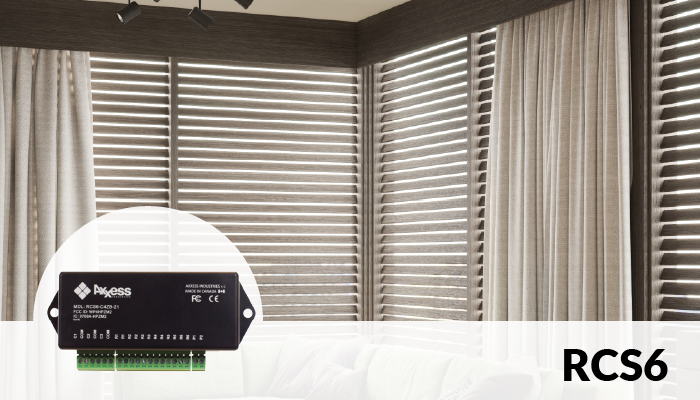A picture of blinds and curtains which can be controlled by the RCS6, plus a close up of the device.